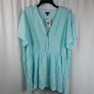 Torrid 3X Aqua Babydoll Embroidered Tiered Top